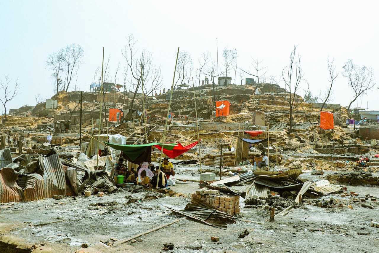 services-01 Scene of destruction in a refugee camp after a fire in Cox's Bazar, Bangladesh.
