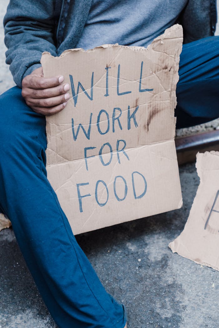 gallery-6 A man sitting on a sidewalk holding a cardboard sign reading 'Will Work for Food'.